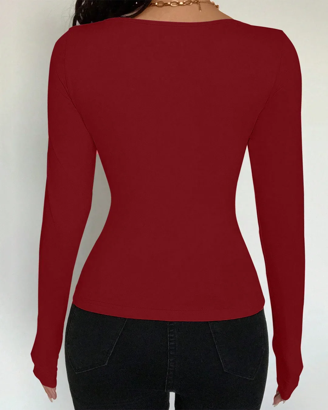 Scoop Neck Slim Fit Solid Full Sleeve Top in Red - Image 2