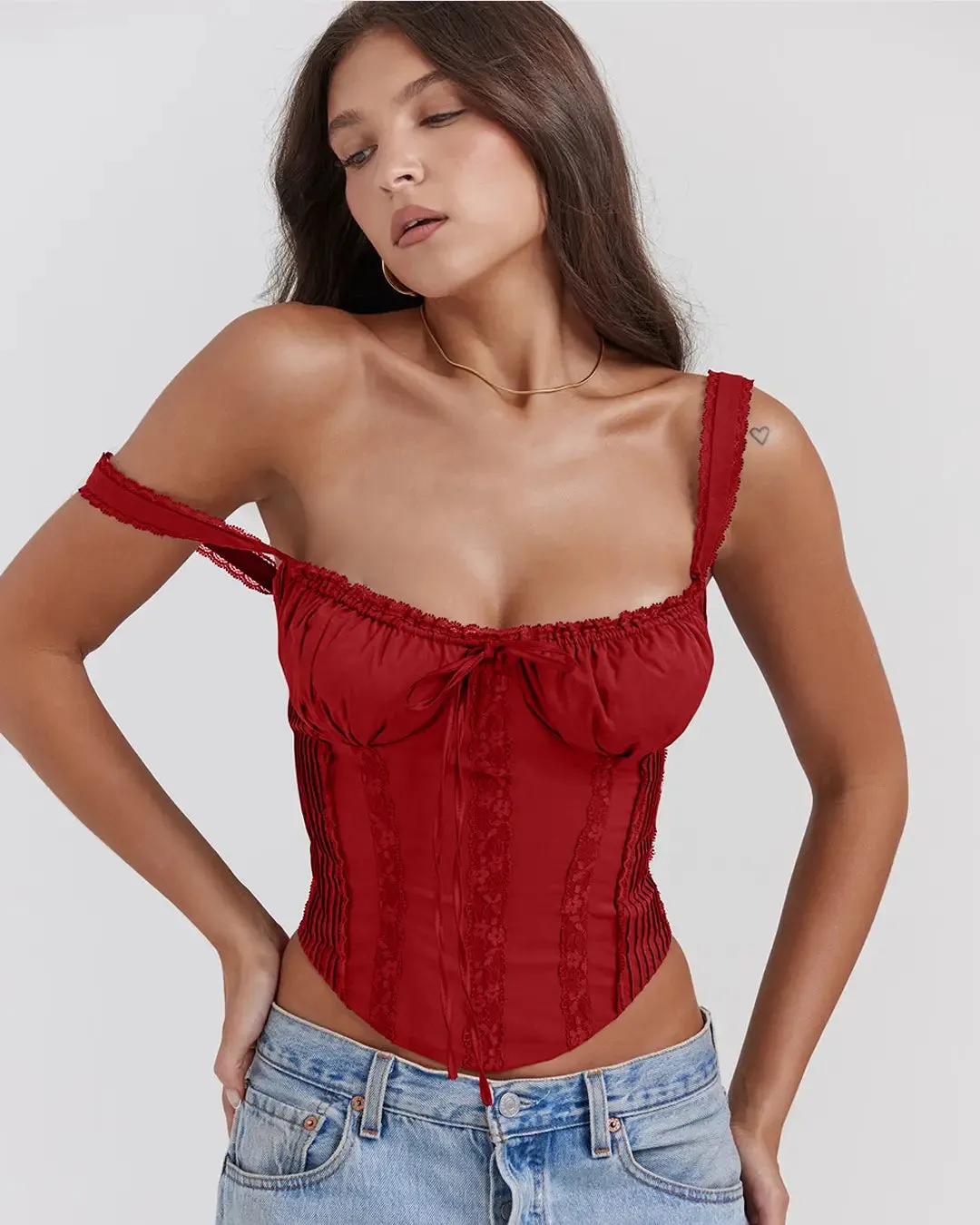 Sweetheart Neck Lace Detail Sleeveless Corset Top in Red - Image 3