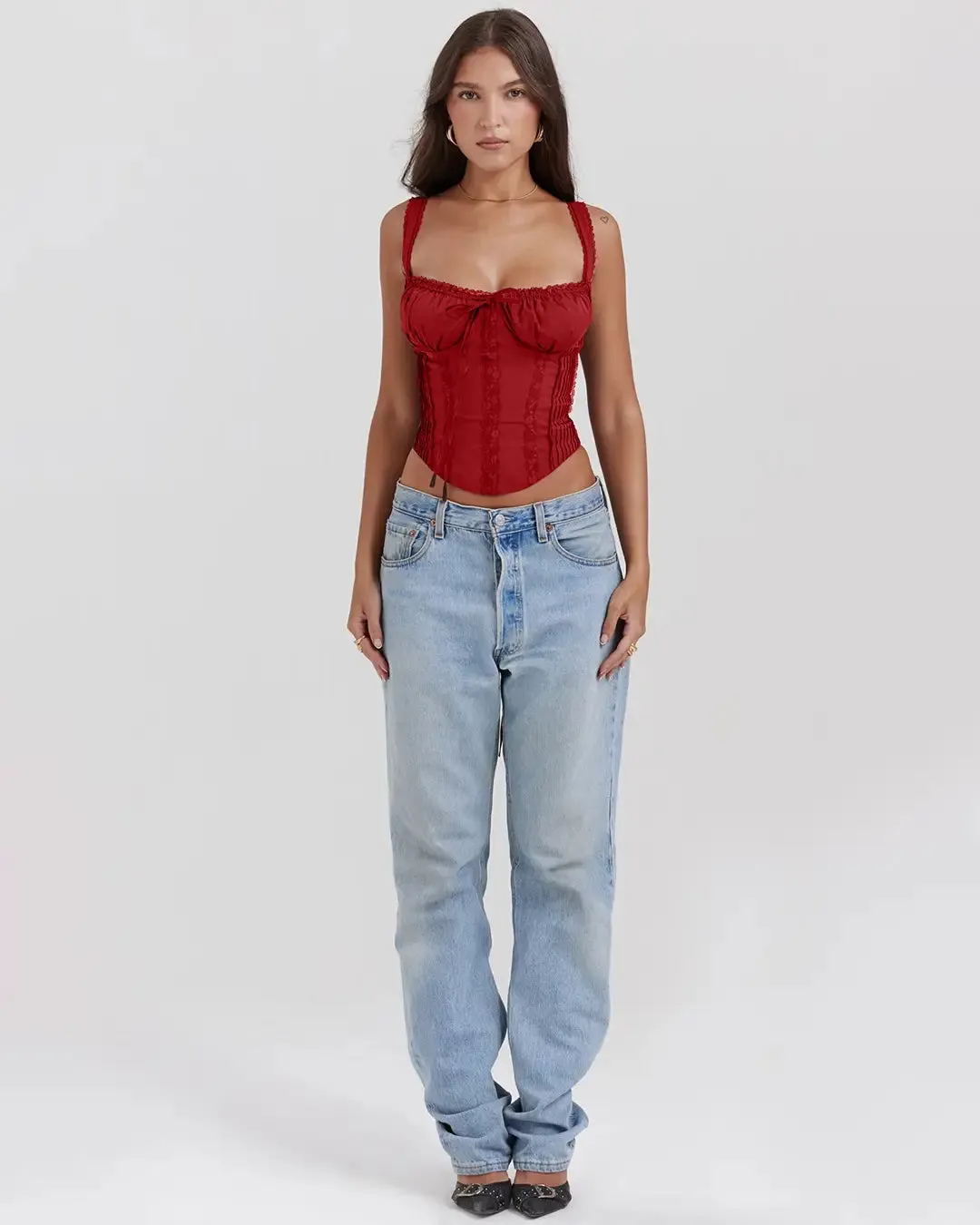 Sweetheart Neck Lace Detail Sleeveless Corset Top in Red - Image 4