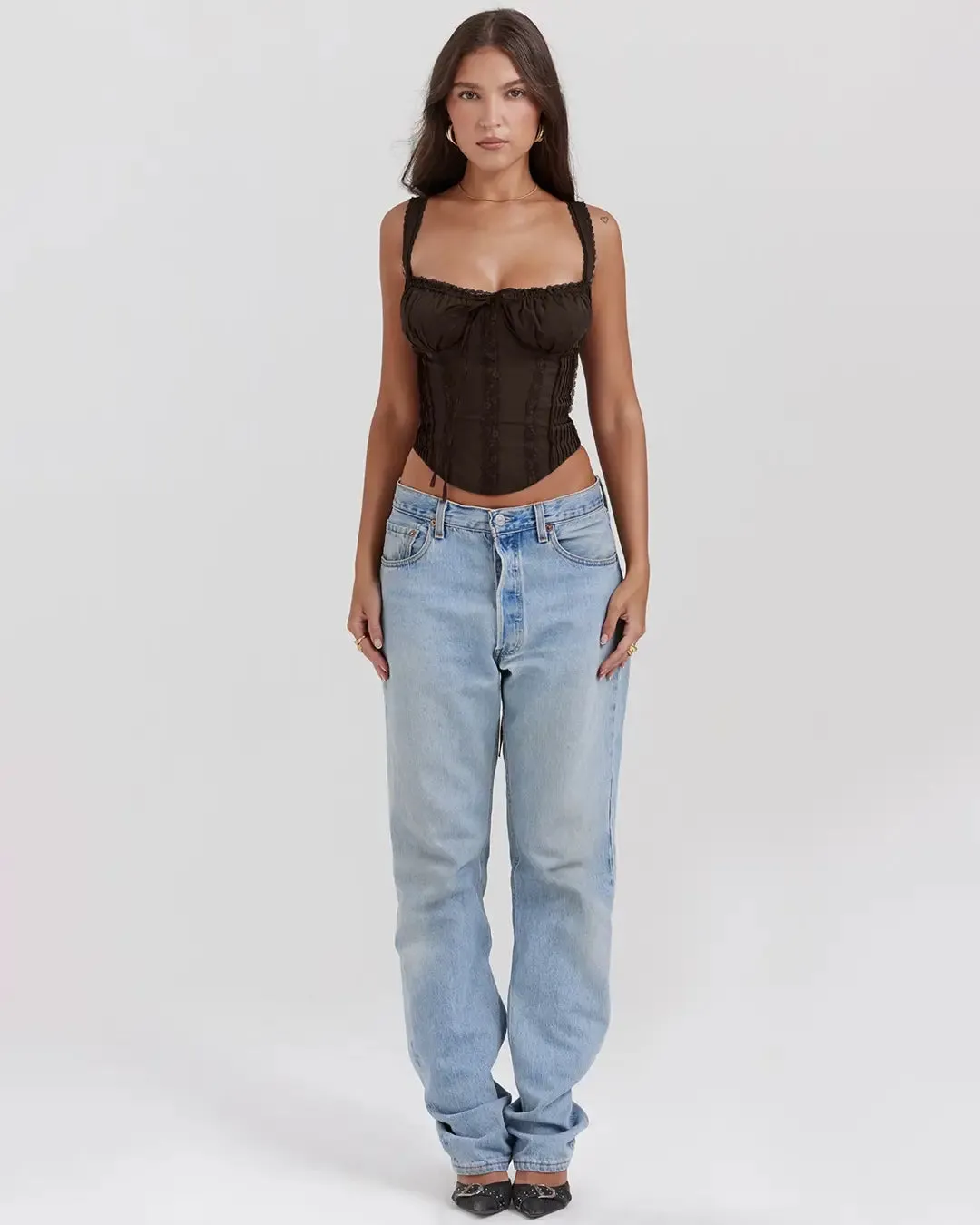 Sculpted Fit Wide lace-trimmed Corset Top In Chocolate - Image 4