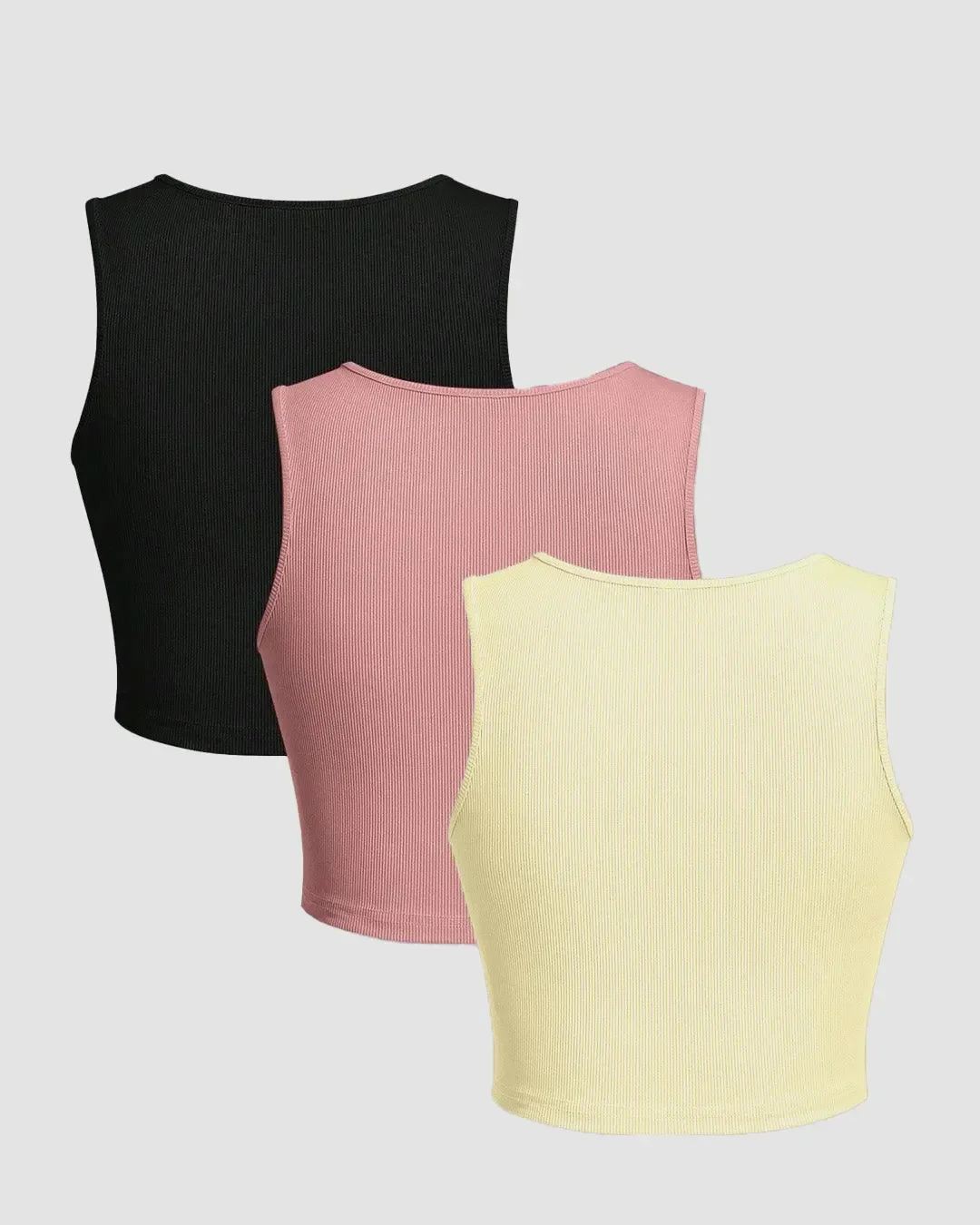 Set Of 3 - Slim-Fit Ribbed Women Tank Tops in Black, Dusty Pink & Vanilla - Image 2