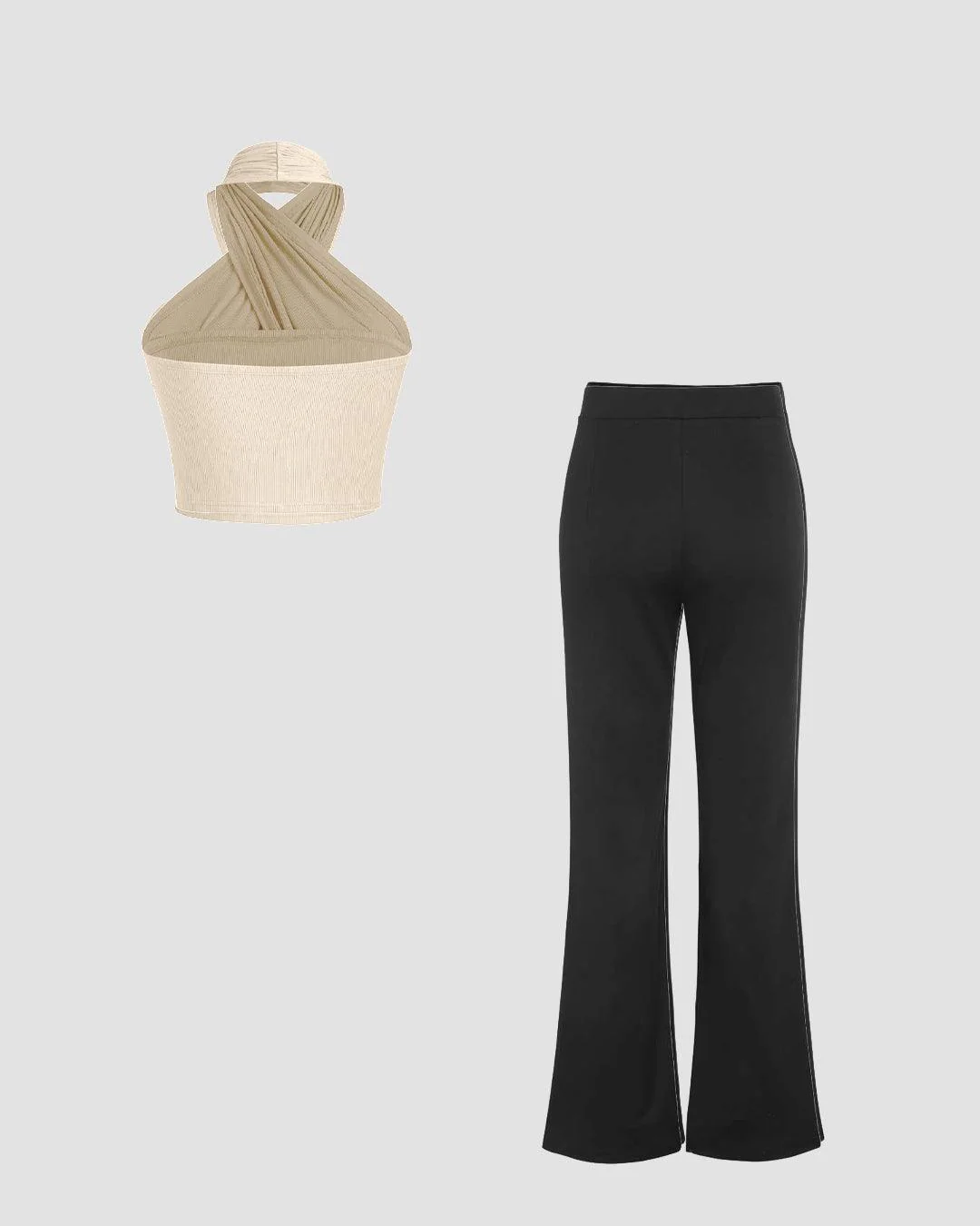 Set Of Halter Neck Off-White Top & V-Waist Flared Black Trouser - Image 2