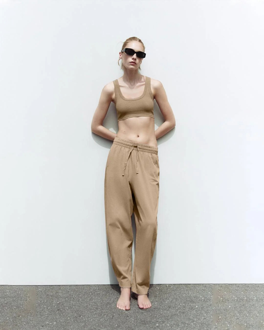 Set Of Two : Corset Style Top & Relaxed Fit Joggers in Light Brown - Image 3