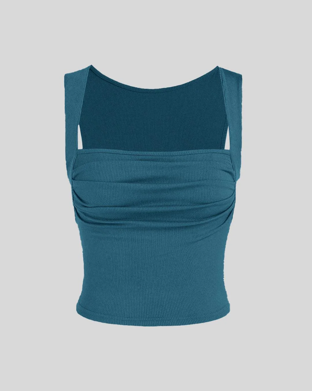 Set Of Two Ruched Square Neck Crop Top With Trouser In Teal Blue - Image 3