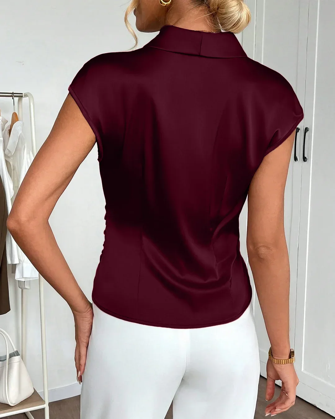 Shawl Collar Ruched Asymmetric Hem Top in Maroon - Image 2