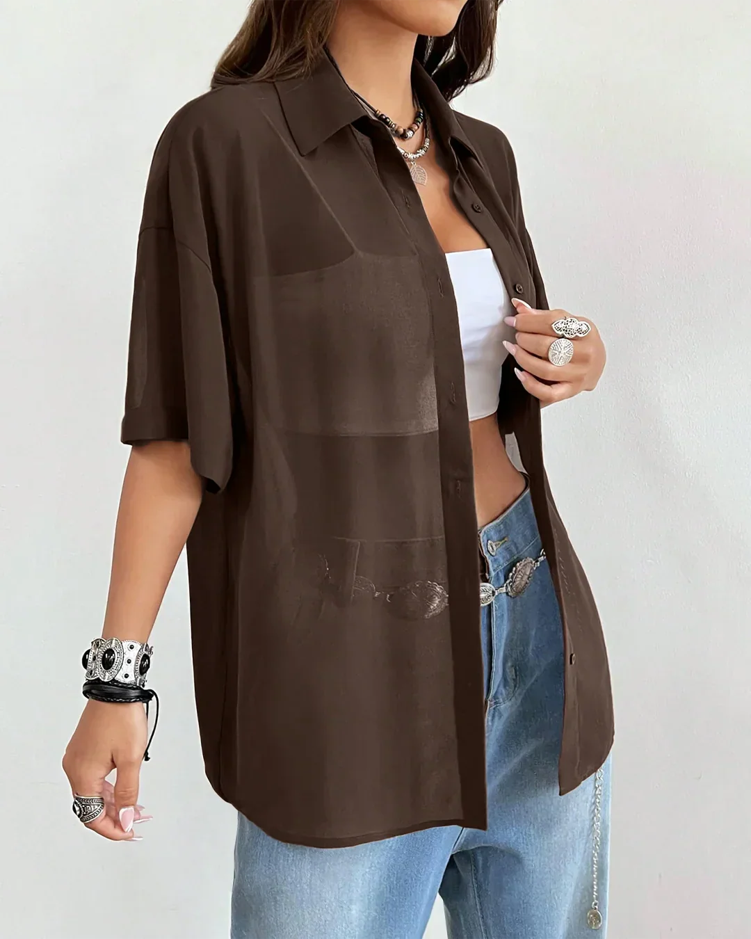 Sheer Button-Down Oversized Shirt in Coffee - Image 2