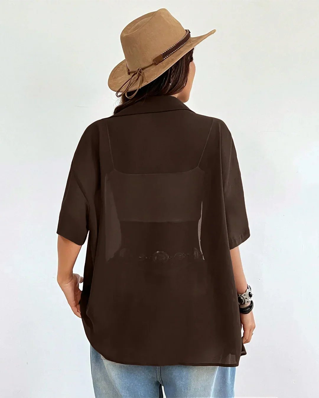 Sheer Button-Down Oversized Shirt in Coffee - Image 3