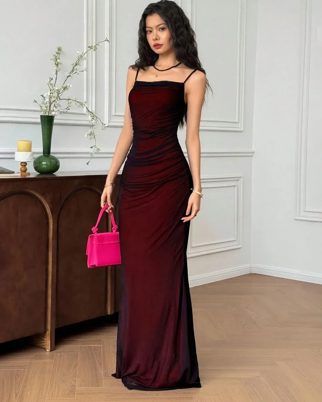 Sheer Fishtail Hem Fitted Bodycon Maxi Dress in Black And Red - Image 2