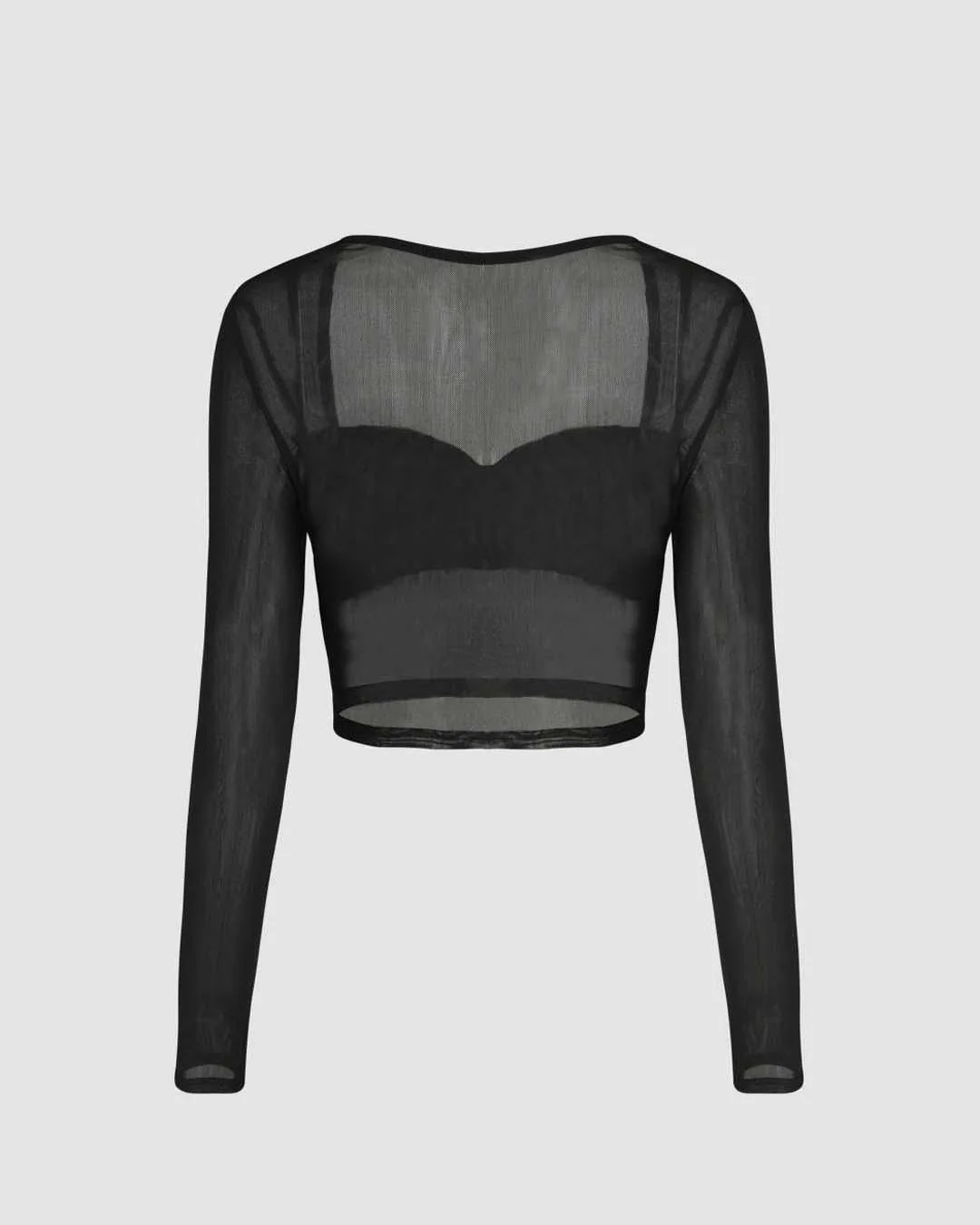 Sheer Mesh Long Sleeve Crop Top In Black - Image 2
