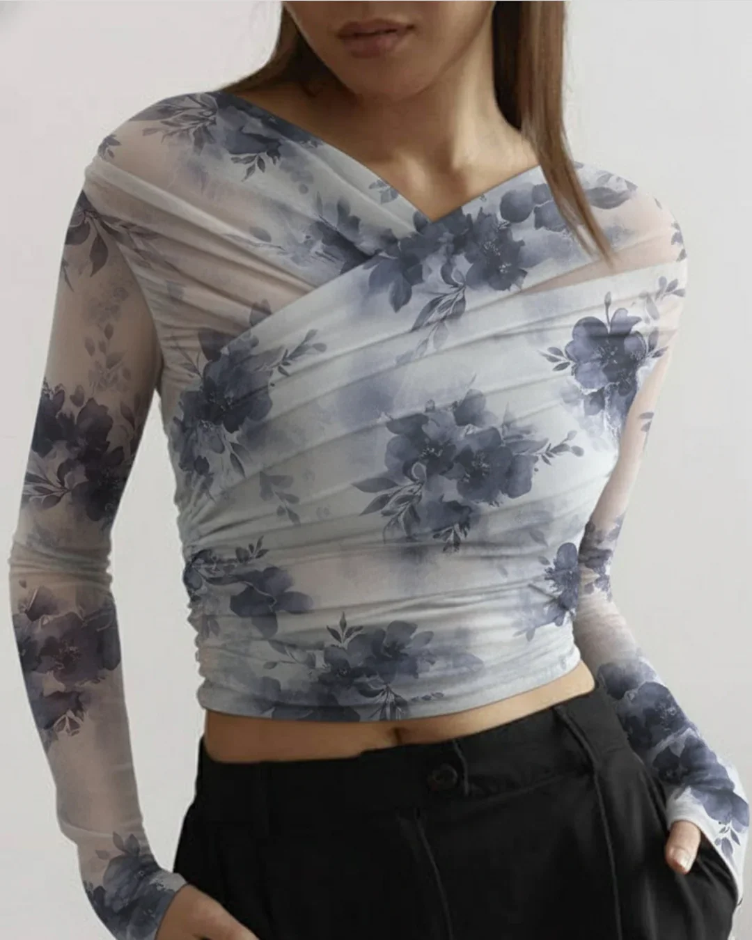 Floral Print Mesh Long Sleeve Fitted Top in Multi - Image 3