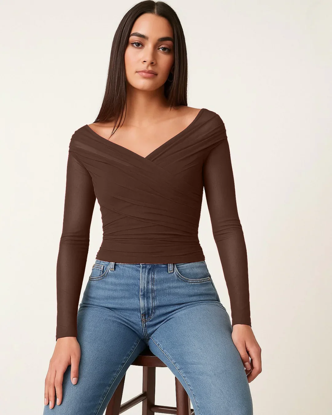 Sheer Mesh Long Sleeve Ruched Wrap Top In Coco Brown - Image 3