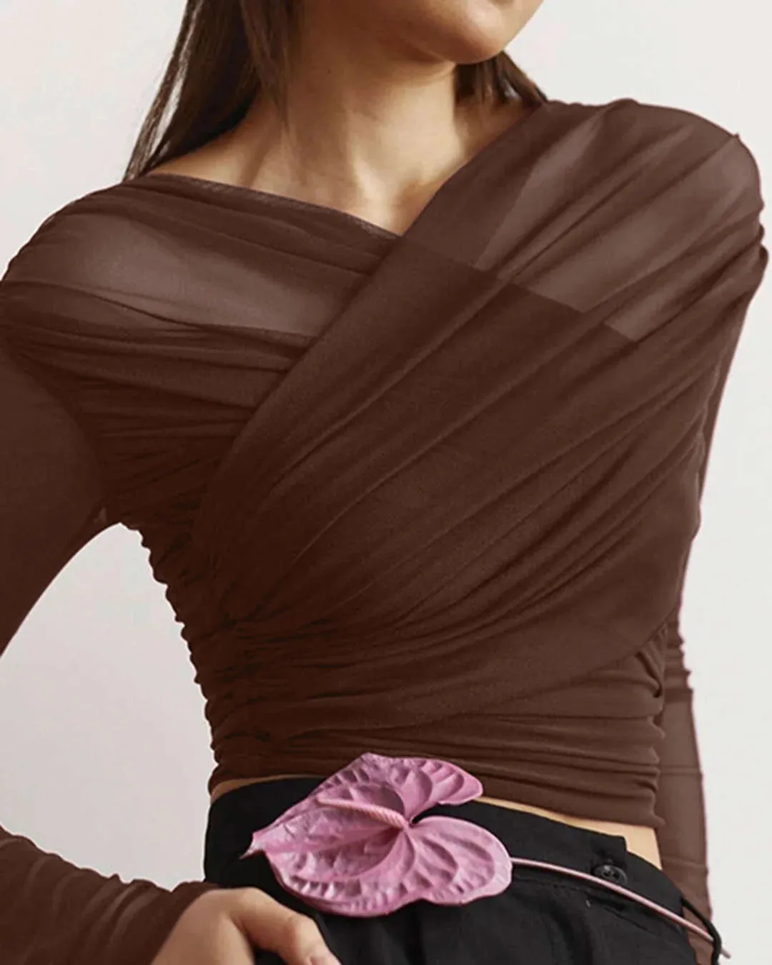 Sheer Mesh Long Sleeve Ruched Wrap Top In Coco Brown - Image 5