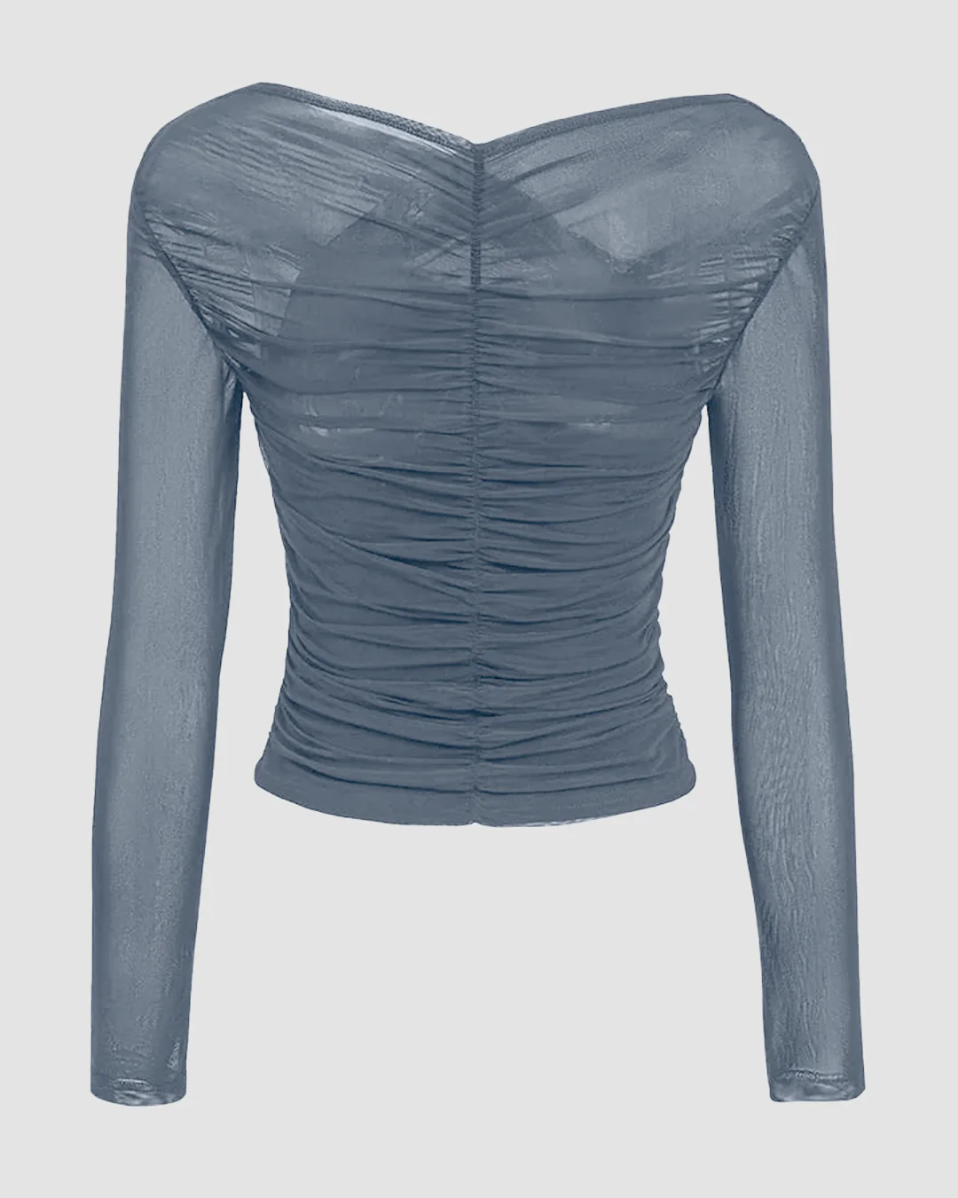 Sheer Mesh Long Sleeve Ruched Wrap Top In Grey - Image 2