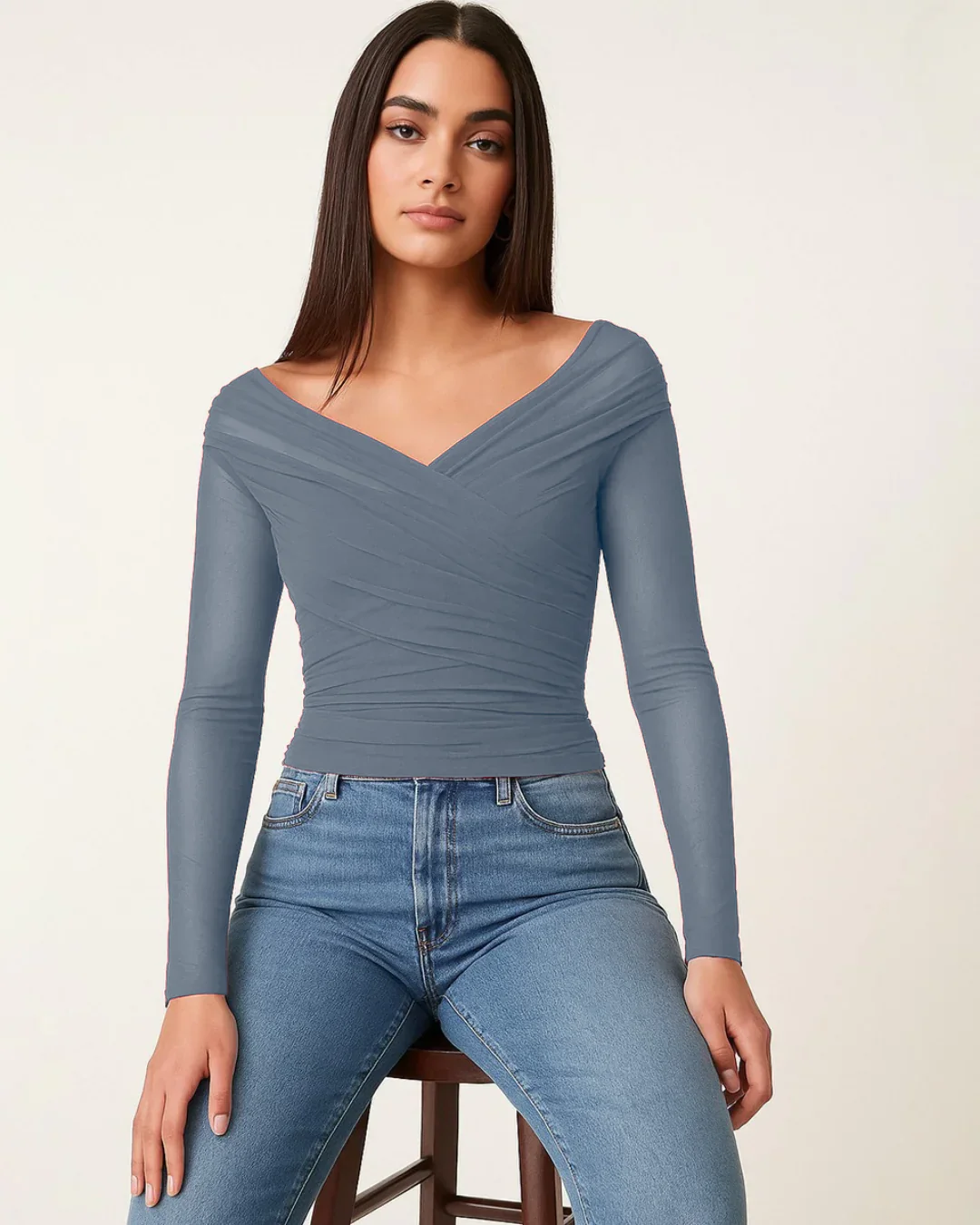 Sheer Mesh Long Sleeve Ruched Wrap Top In Grey - Image 3