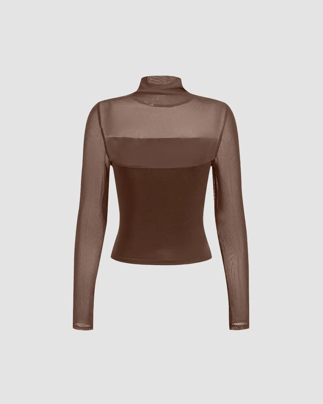 Sheer Mesh Mock Neck Long Sleeve Fitted Top In Coco Brown - Image 2