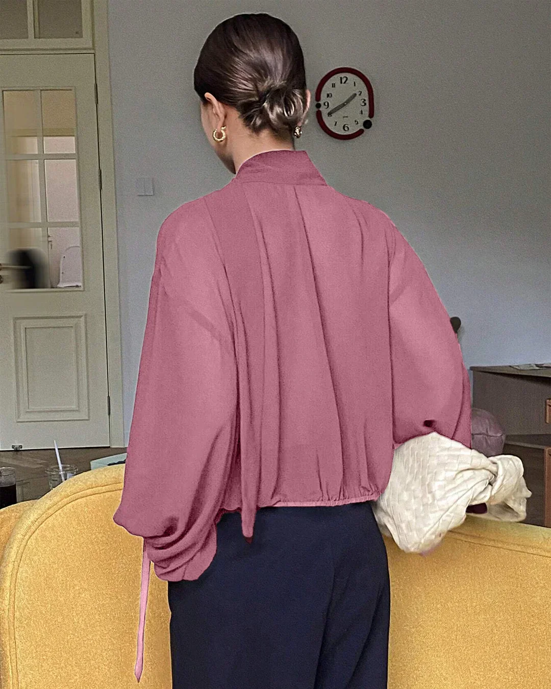 Sheer Tie-Neck Long Sleeve Top in Pink - Image 2