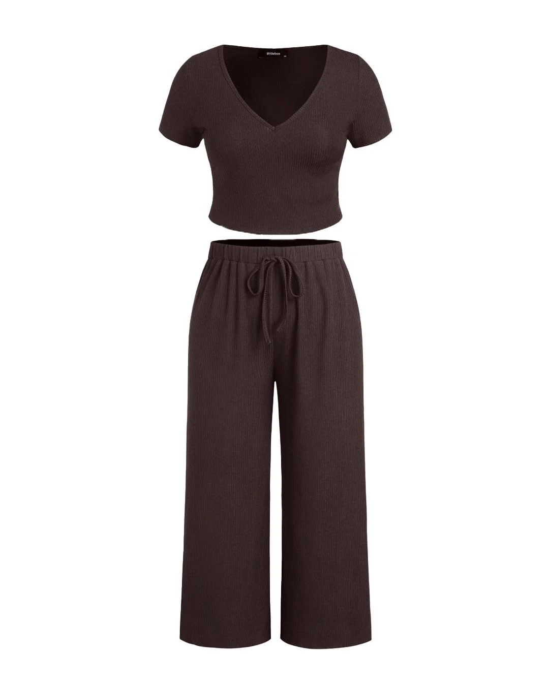 Short Sleeve Crop T-Shirt With V-Neck & Wide Knotted Pant In Chocolate Brown Curve & Plus - Image 3