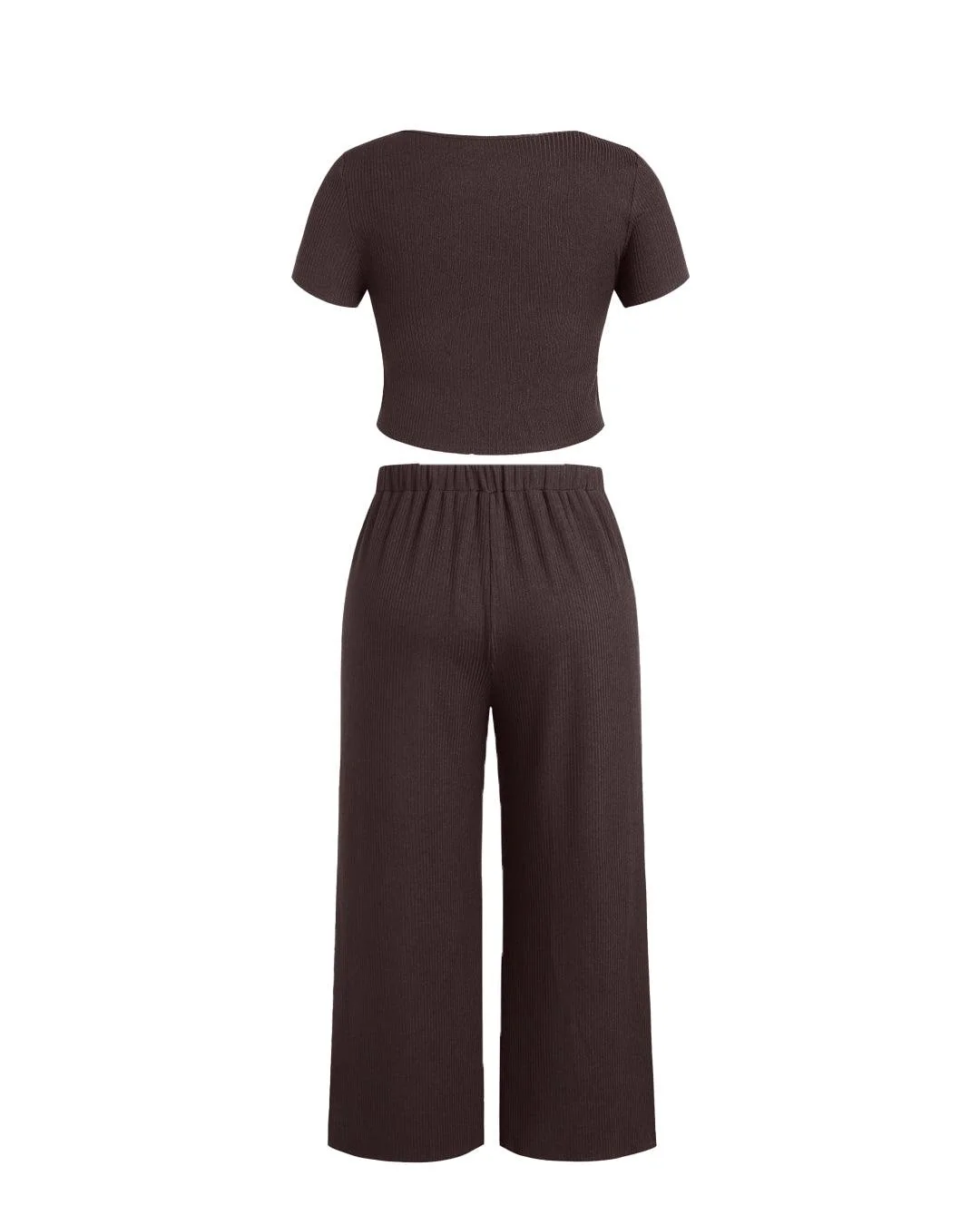 Short Sleeve Crop T-Shirt With V-Neck & Wide Knotted Pant In Chocolate Brown Curve & Plus - Image 4