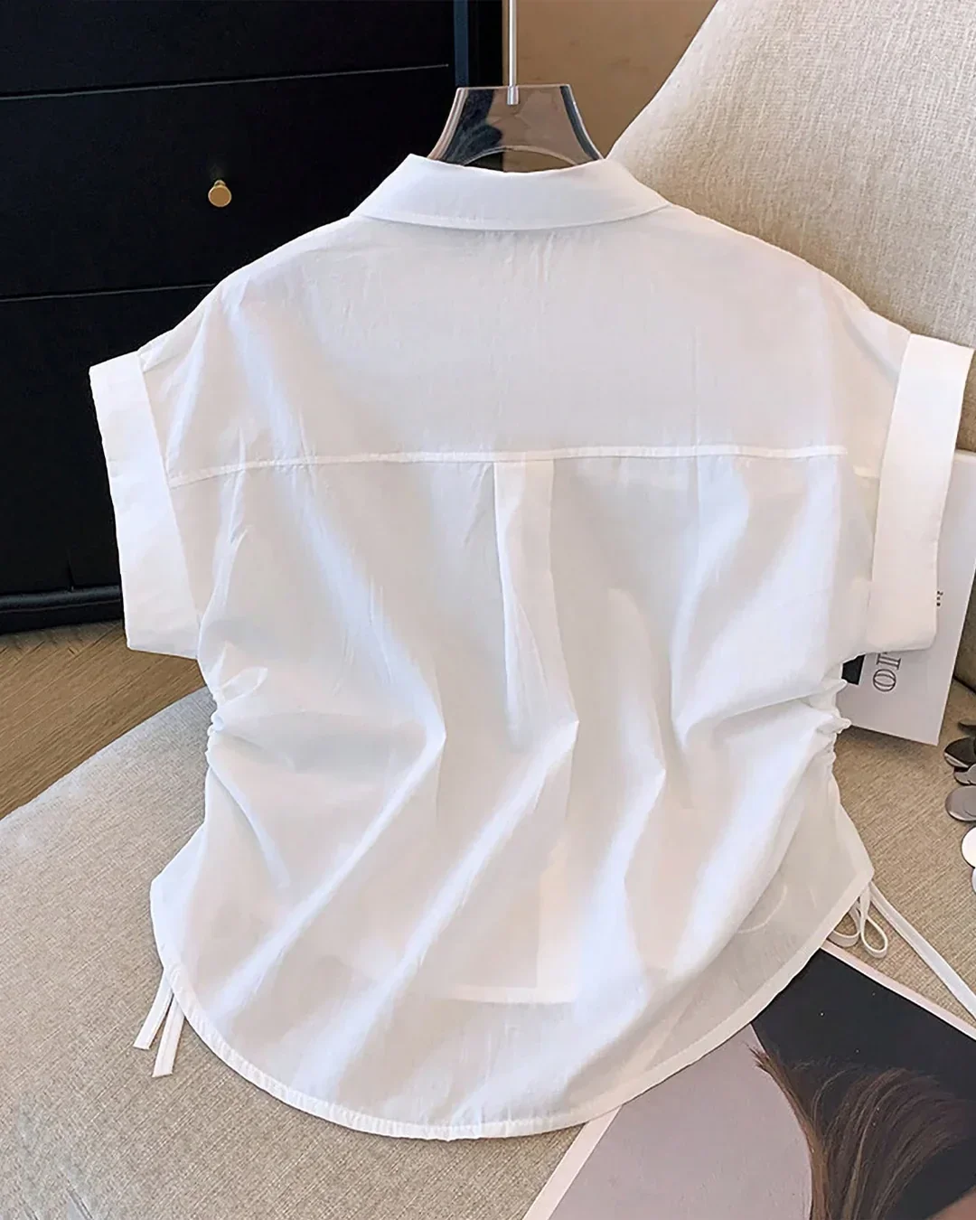 Button Down Collared Neck Short Sleeve Solid Shirt in White - Image 3