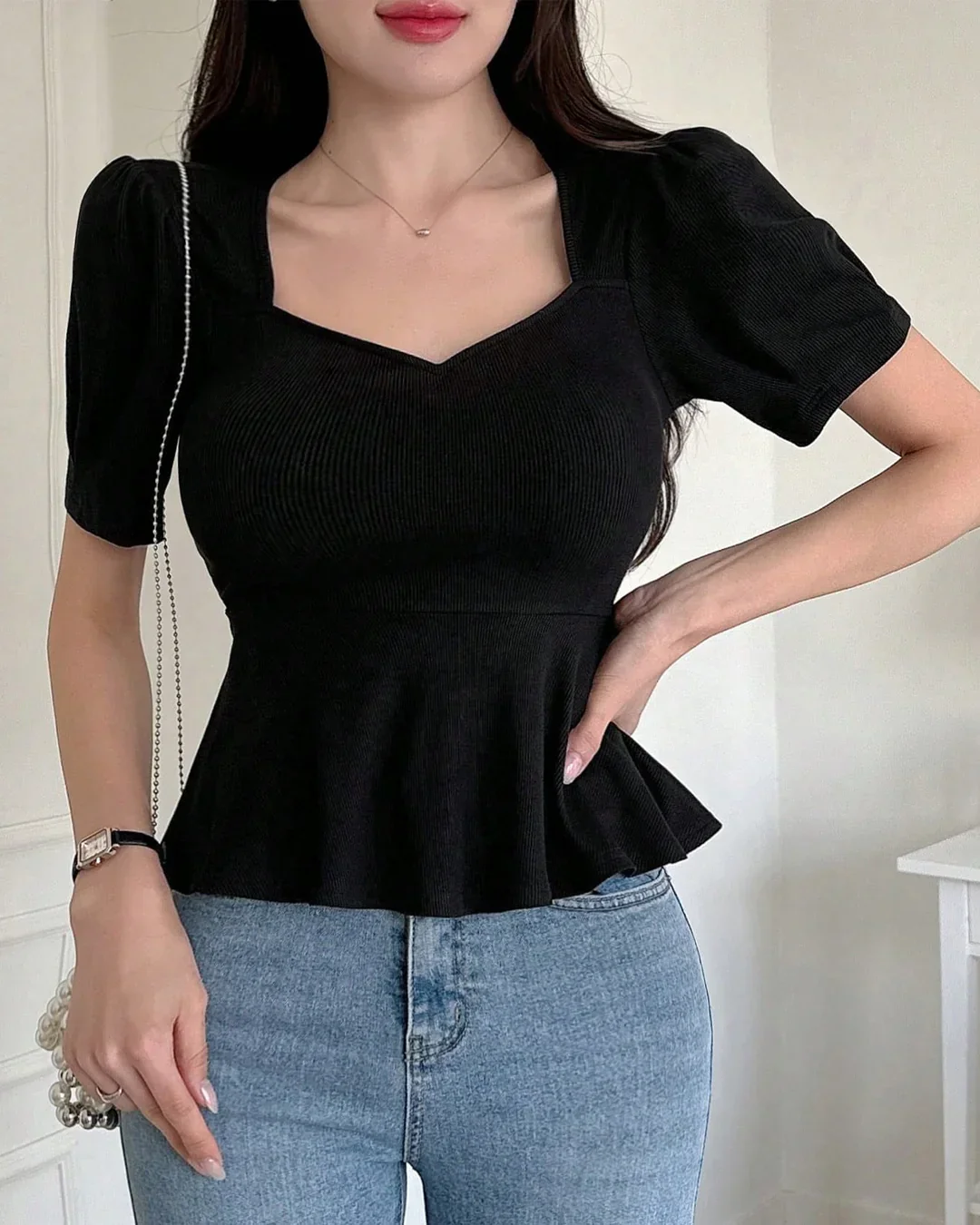 Sweetheart Neck Short Sleeve Back Knot Peplum Top in Black - Image 2
