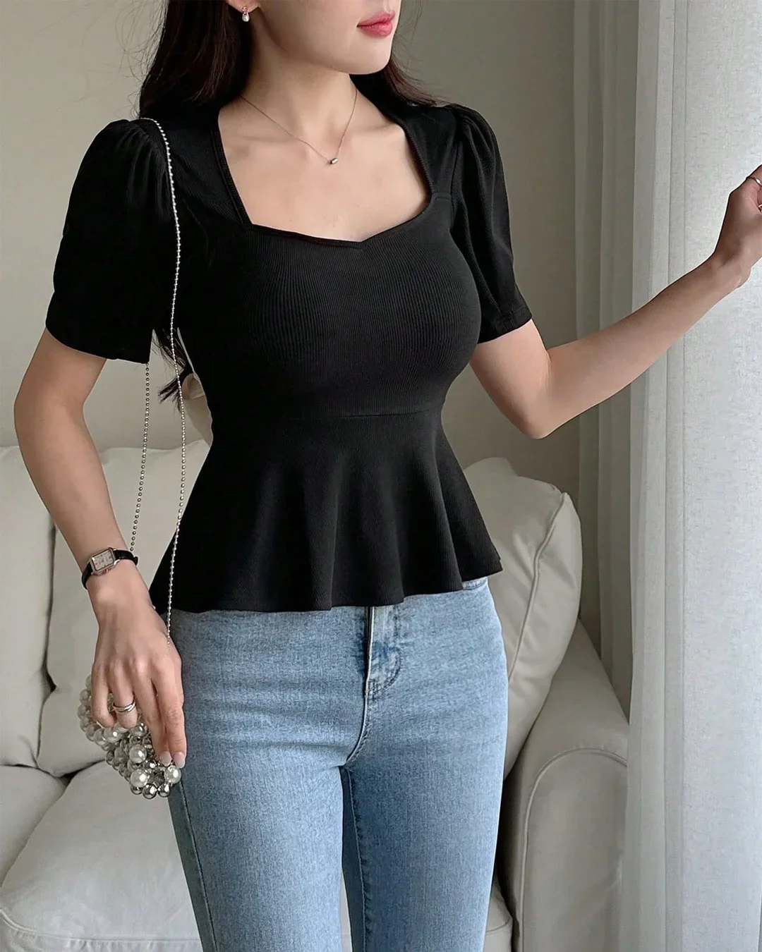 Sweetheart Neck Short Sleeve Back Knot Peplum Top in Black - Image 3