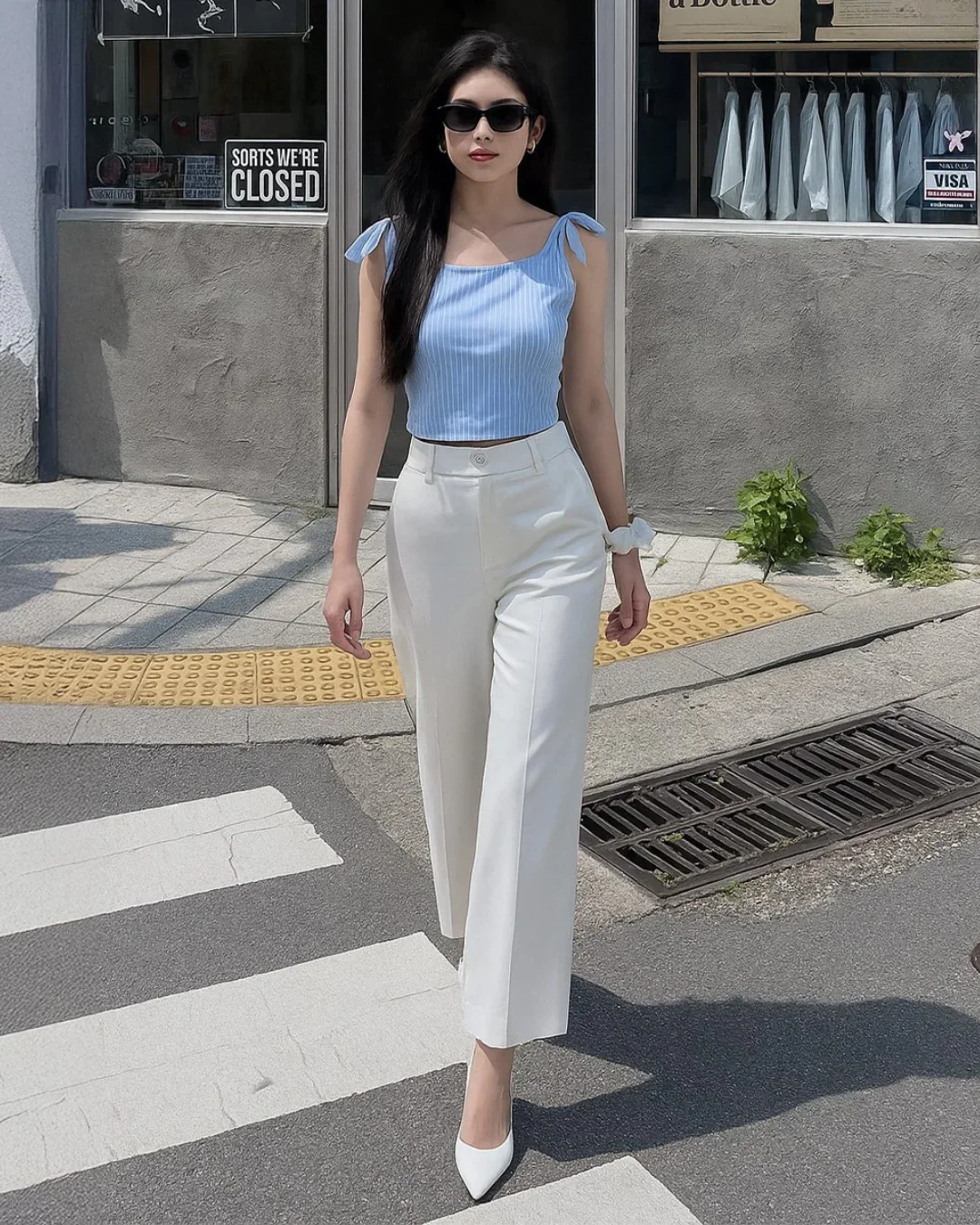 Sky Blue Ribbed Tie-Shoulder Top & White Trousers Co-Ord Set - Image 2