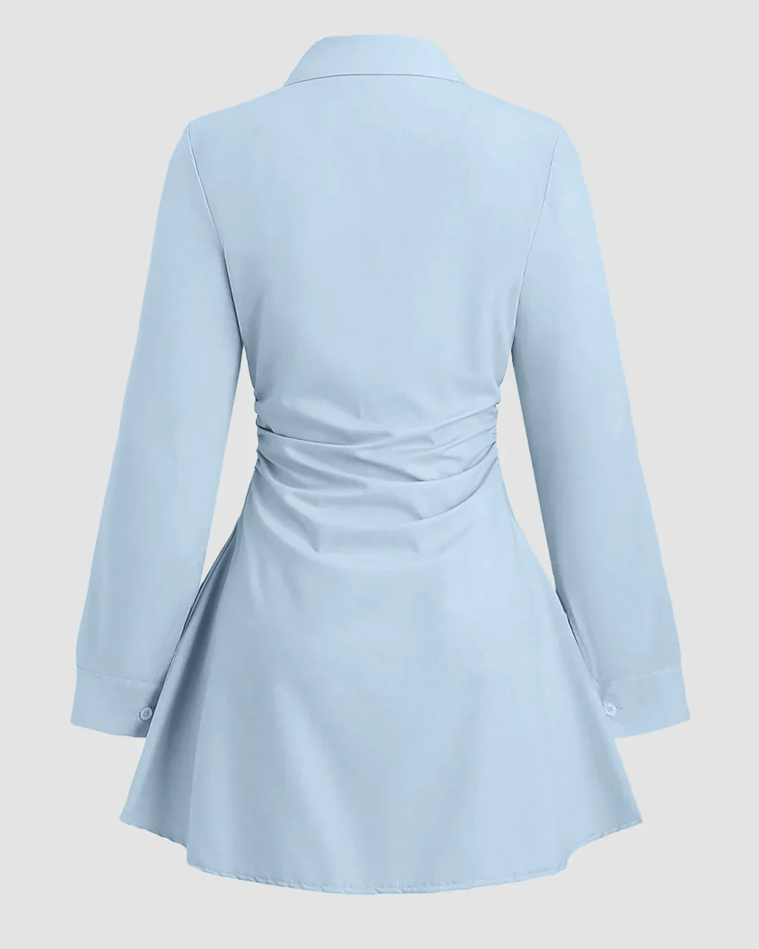 Sky Blue Ruched Shirt Dress with Long Sleeves - Image 2