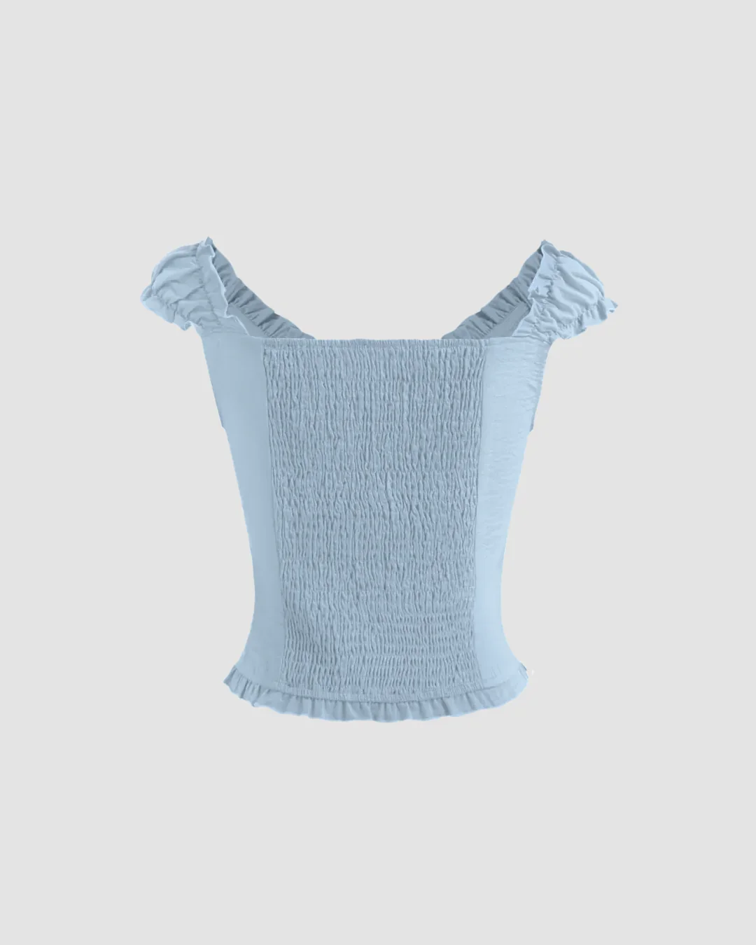 Sky Blue Ruffle Trim Ruched Button Front Top - Image 3
