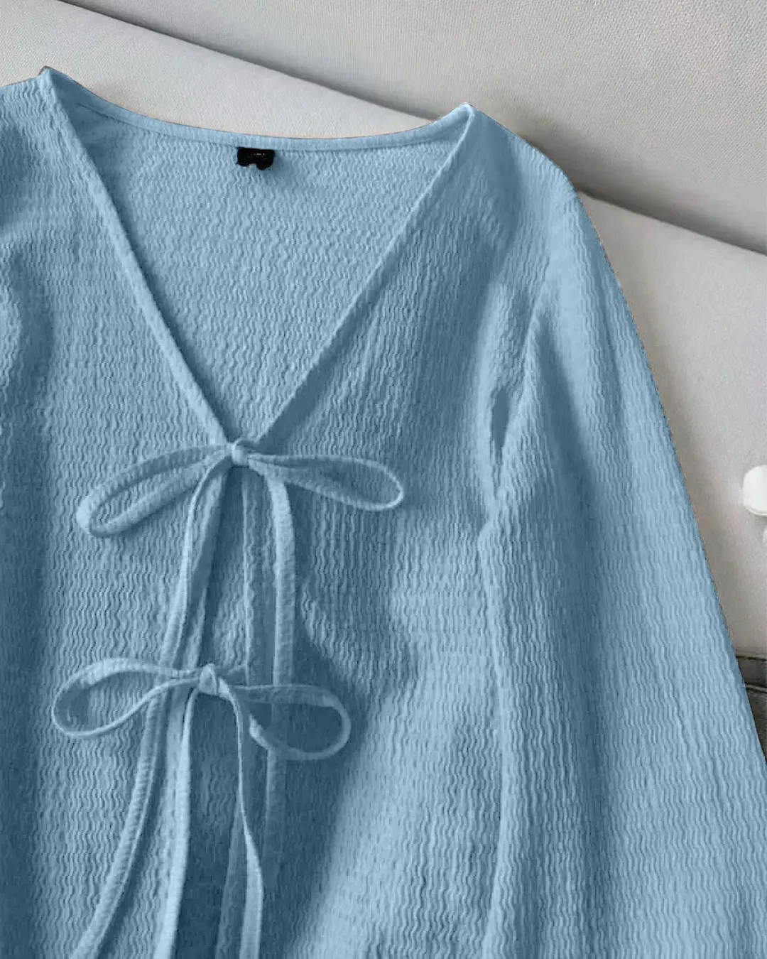 V Neck Front Bow Tie Flared Sleeve Top in Blue - Image 2