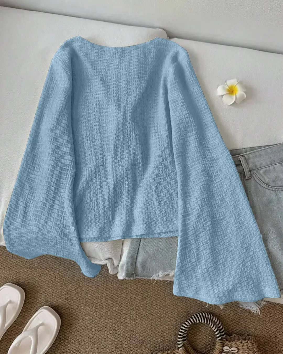 V Neck Front Bow Tie Flared Sleeve Top in Blue - Image 3