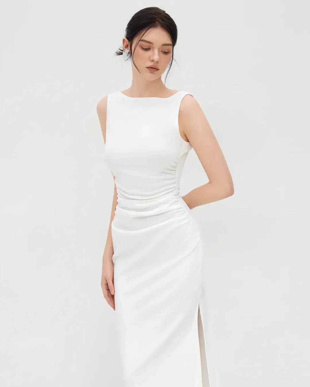 Slim Fit Boat Neck Maxi Dress in White - Image 2