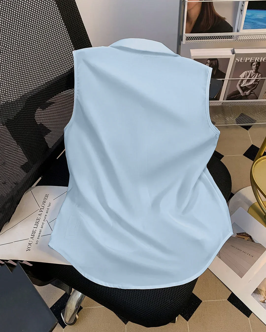 Sleeveless Button Down Collared Shirt in Sky Blue - Image 2