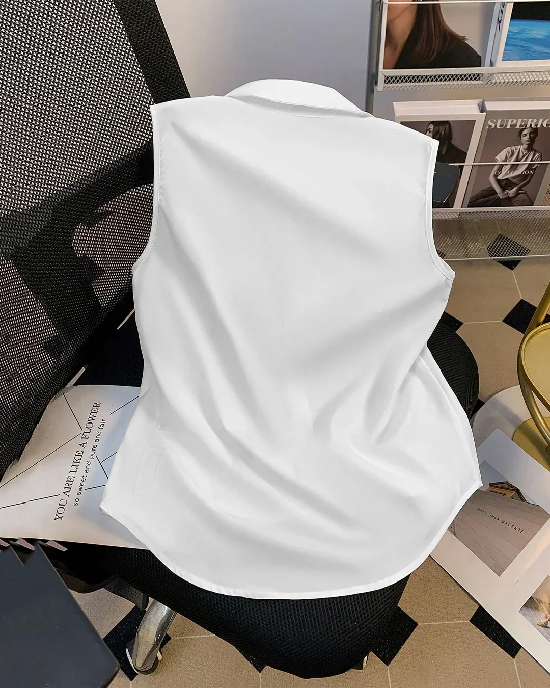 Sleeveless Button Down Collared Shirt in White - Image 2