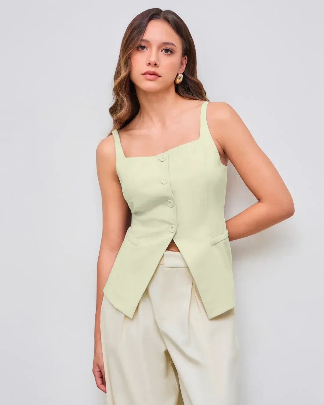 Sleeveless Button Down Corset Style Top in Beige - Image 3