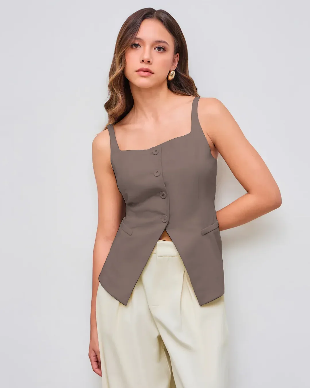 Sleeveless Button Down Corset Style Top in Cappuccino - Image 3