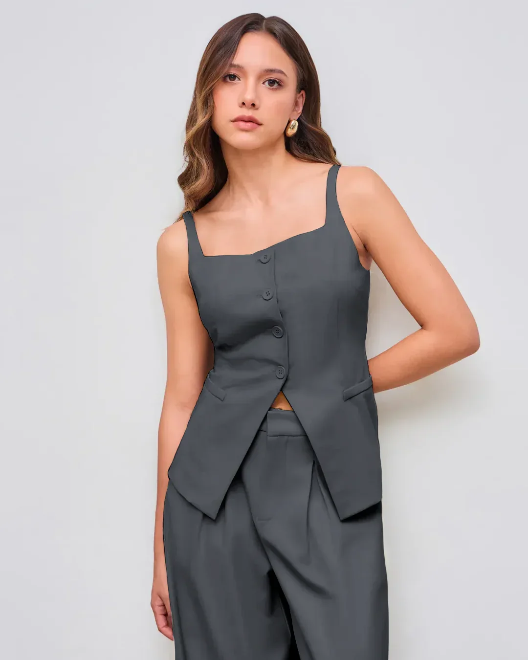 Sleeveless Button Down Corset Style Top in Dark Grey - Image 3