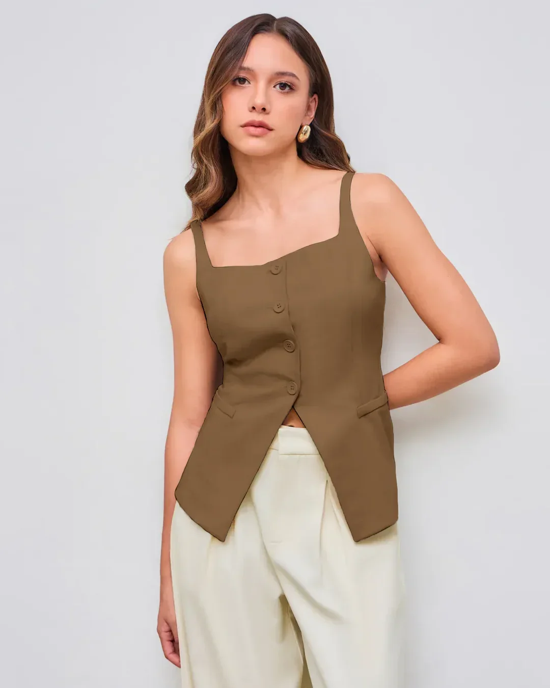 Sleeveless Button Down Corset Style Top in Mud Brown - Image 3