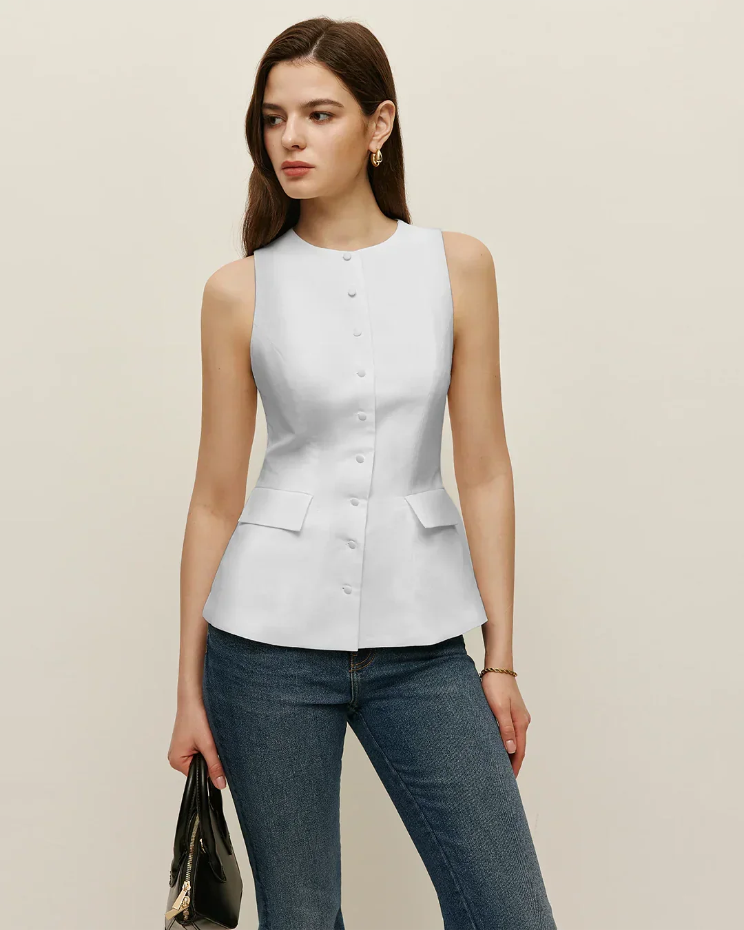 Sleeveless Button Down Structured Peplum Top in White - Image 2
