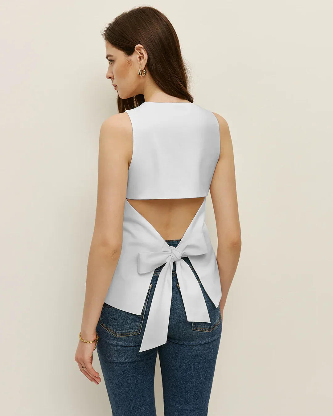 Sleeveless Button Down Structured Peplum Top in White - Image 3