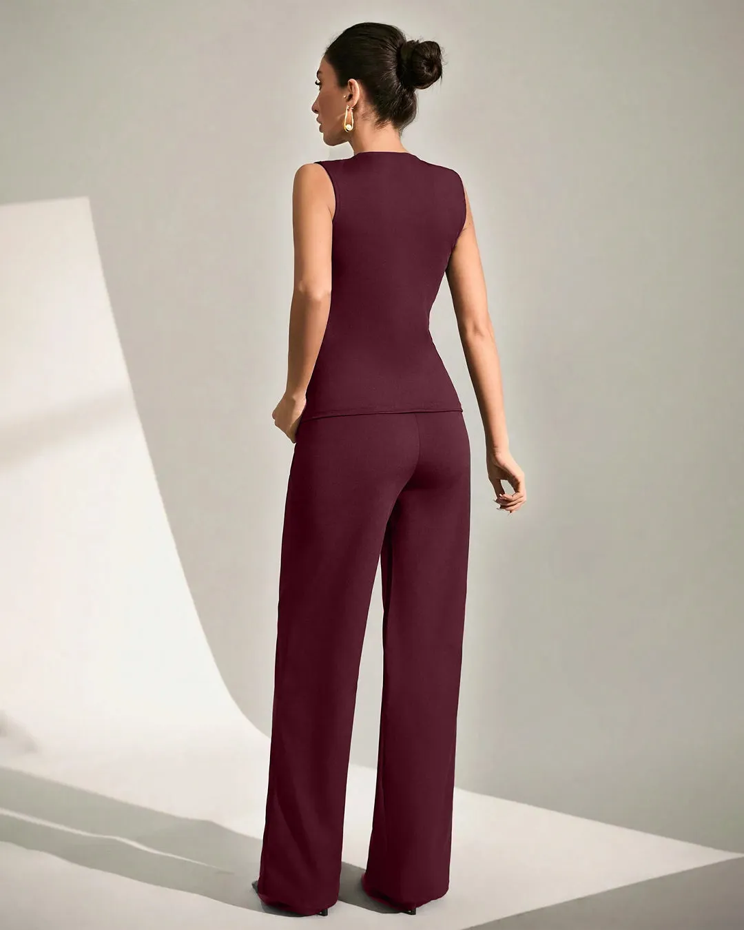 Sleeveless Button-Front Peplum Top & Wide-Leg Pants Co-ord Set in Dark Maroon - Image 3