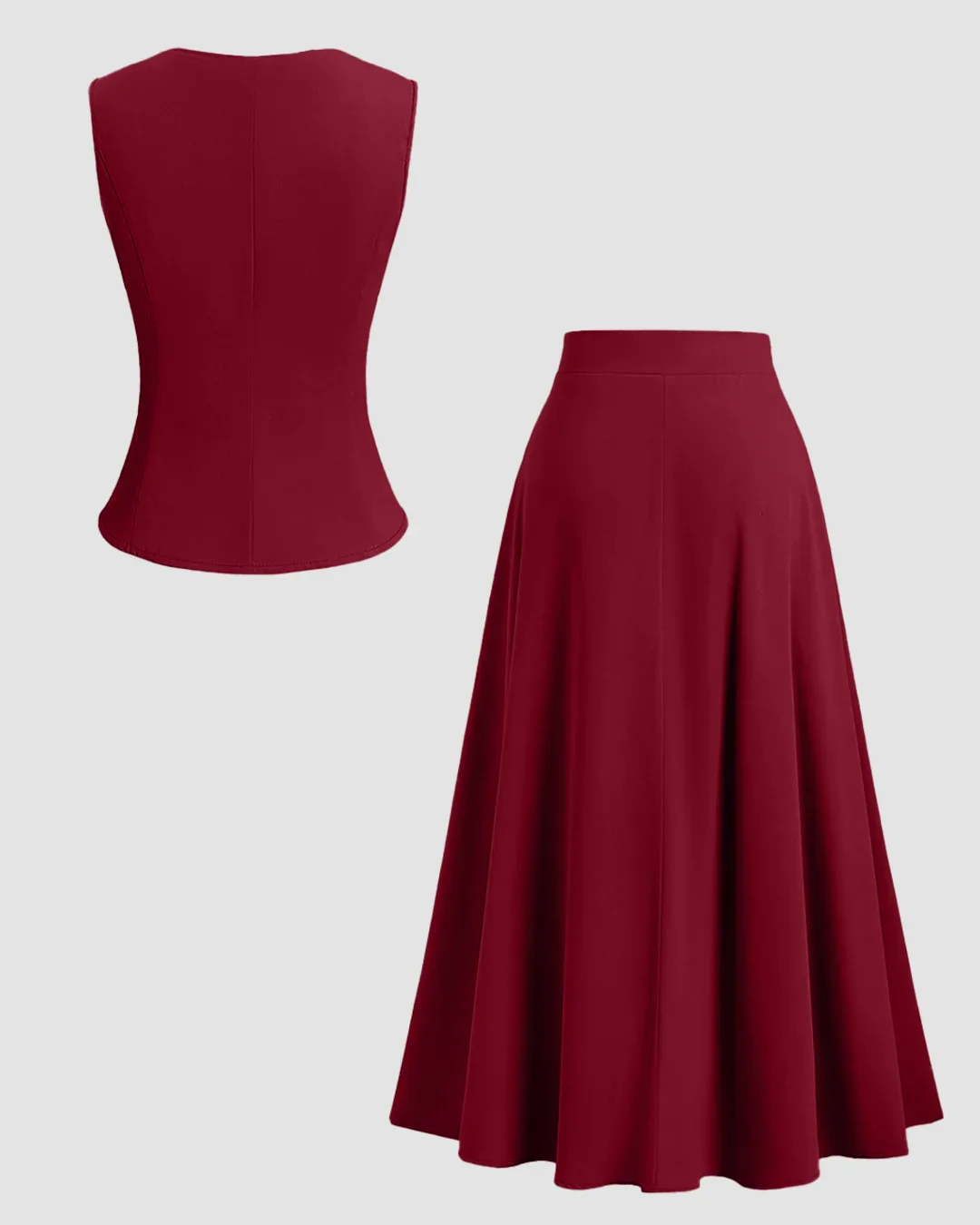 Sleeveless Button Vest & Flared Midi Skirt Co-ords Set in Burgundy - Image 2