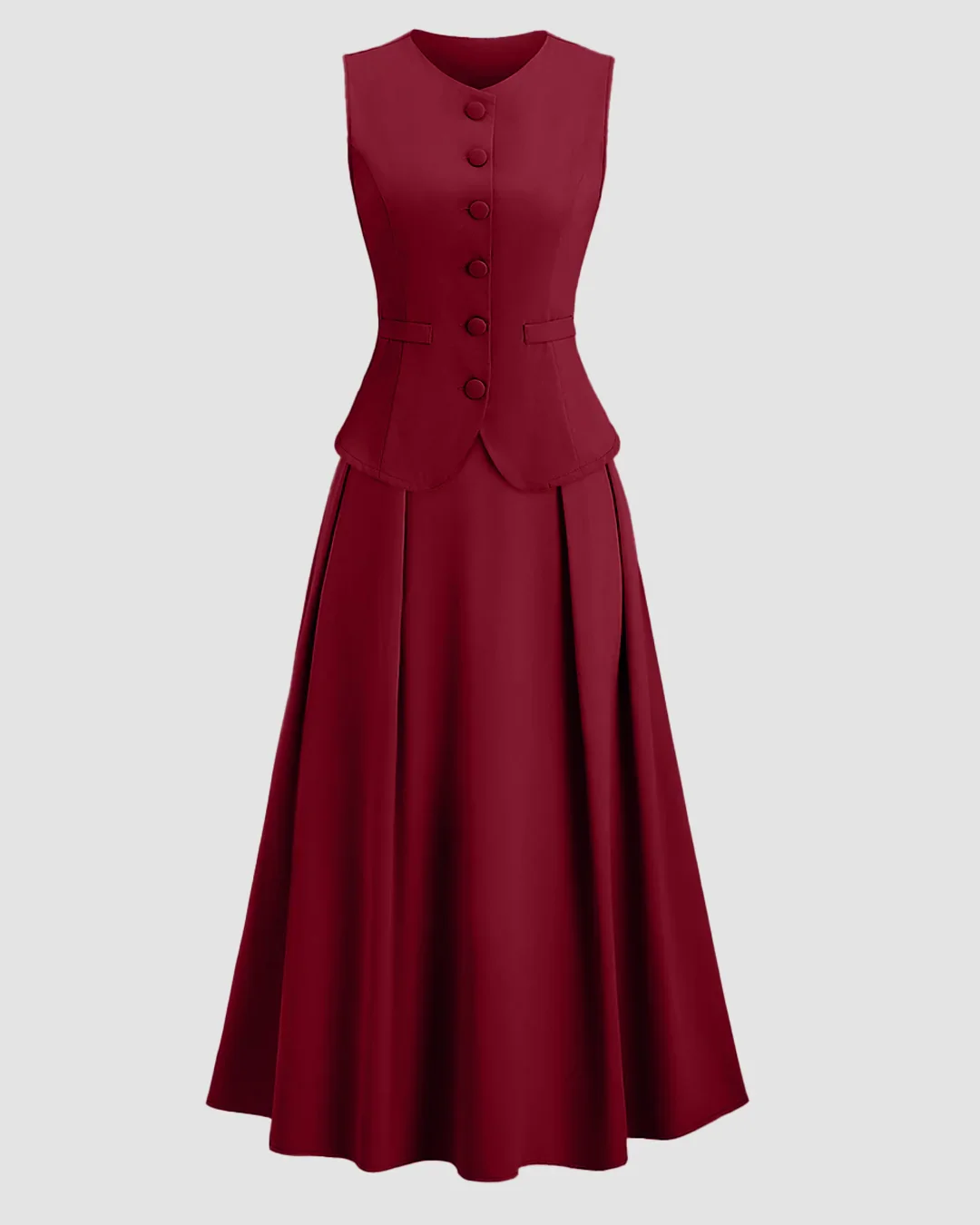 Sleeveless Button Vest & Flared Midi Skirt Co-ords Set in Burgundy - Image 3