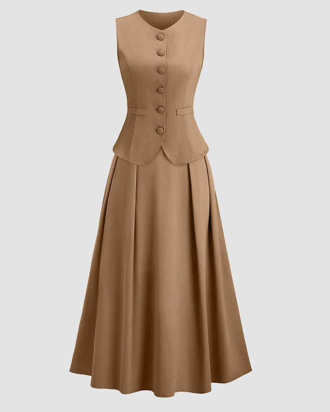 Vest and Skirt Set Casual Round Neck Flared Midi in Brown - Image 2