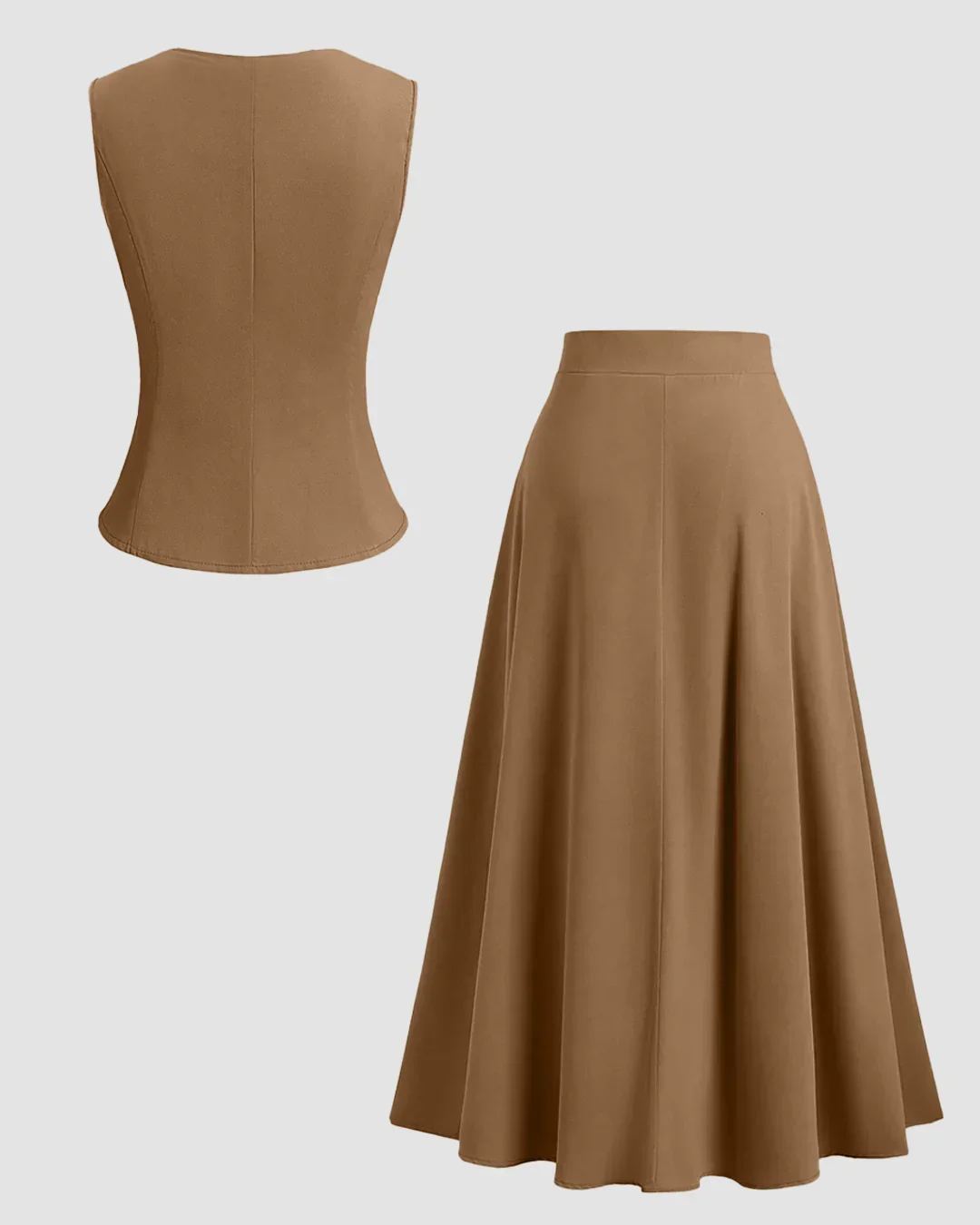 Vest and Skirt Set Casual Round Neck Flared Midi in Brown - Image 3