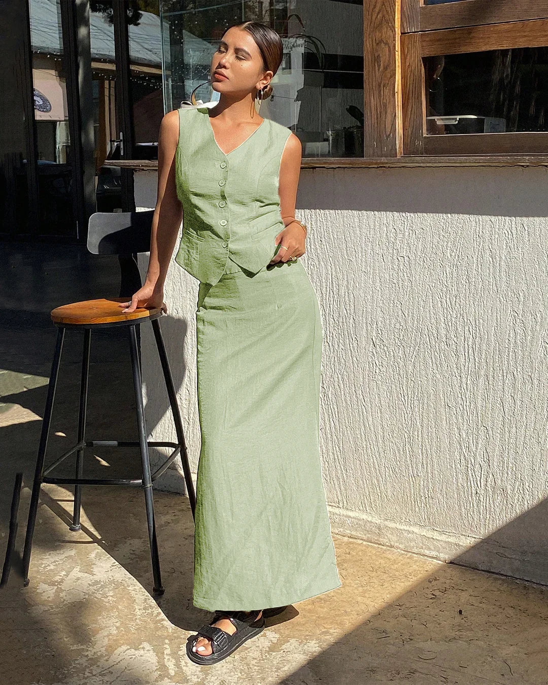 Sleeveless Button Vest & Maxi Skirt Co-Ord Set in Light Pista - Image 2