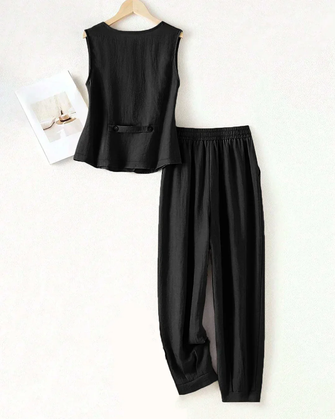 Sleeveless Button Vest & Relaxed Fit Trousers Set in Black - Image 2