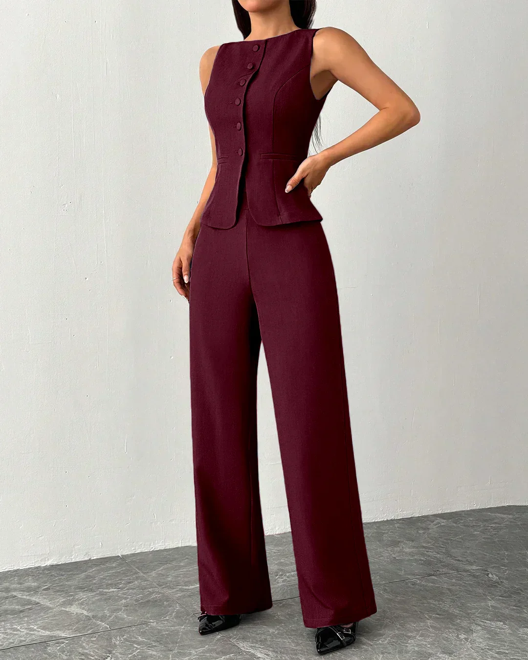 Sleeveless Buttoned Vest & Wide-Leg Trouser Co-Ord in Burgundy - Image 2