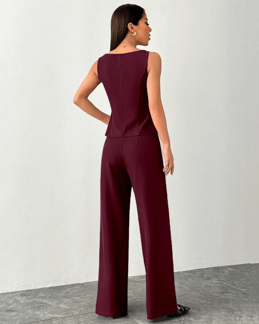 Sleeveless Buttoned Vest & Wide-Leg Trouser Co-Ord in Burgundy - Image 3