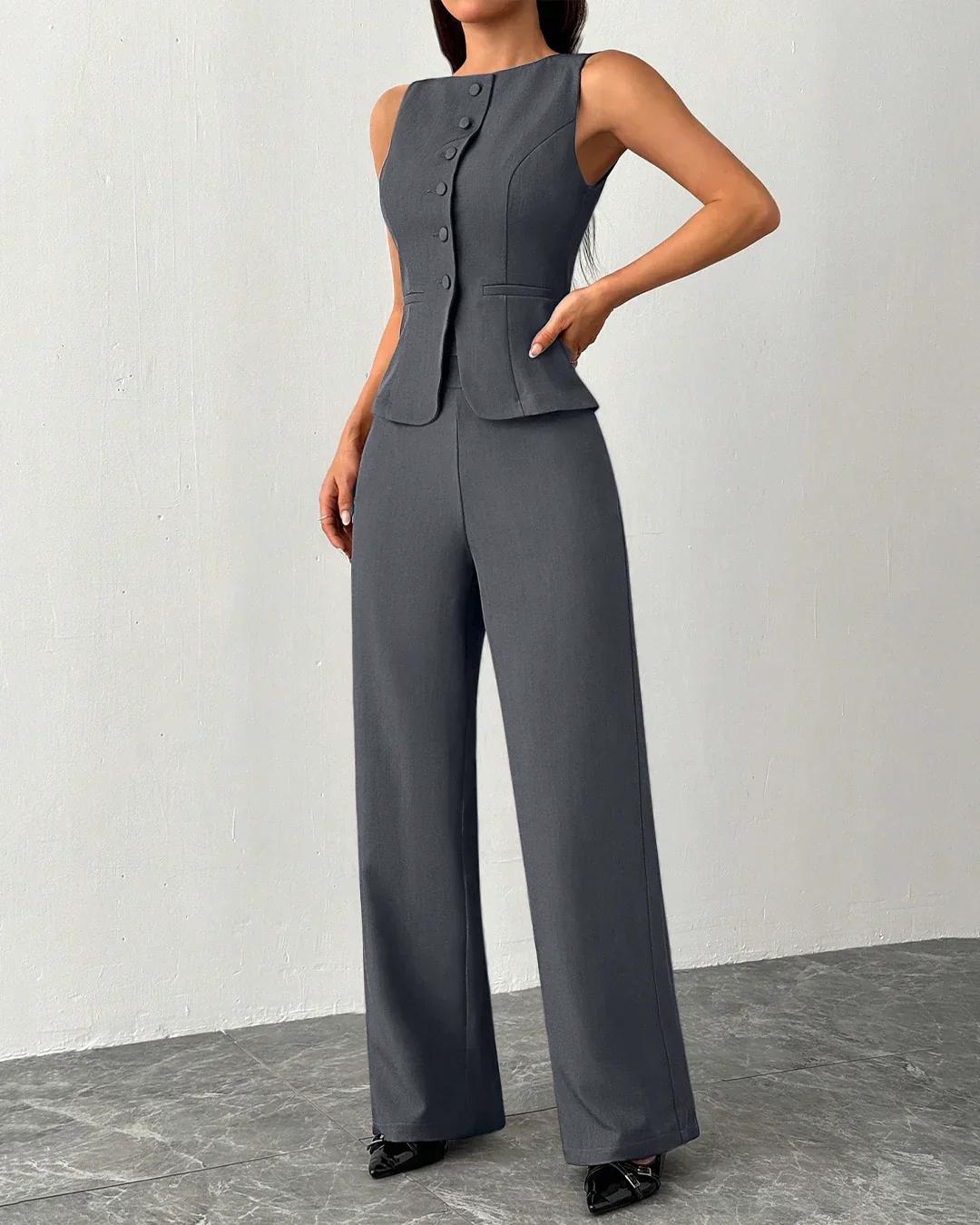 Sleeveless Buttoned Vest & Wide-Leg Trouser Co-ord in Dark Grey - Image 2