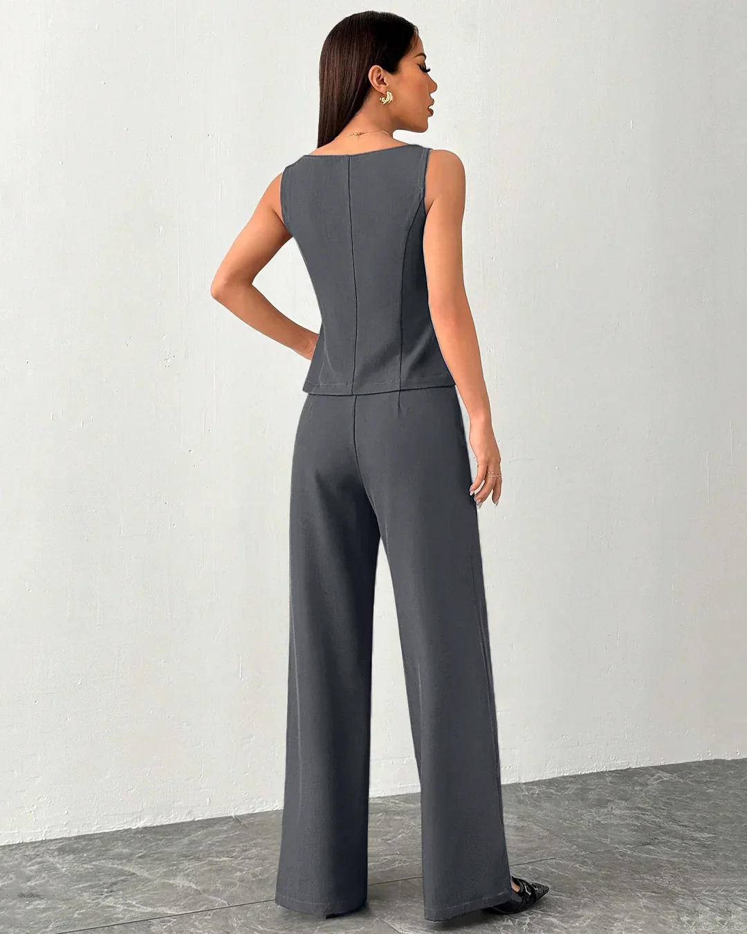 Sleeveless Buttoned Vest & Wide-Leg Trouser Co-ord in Dark Grey - Image 3